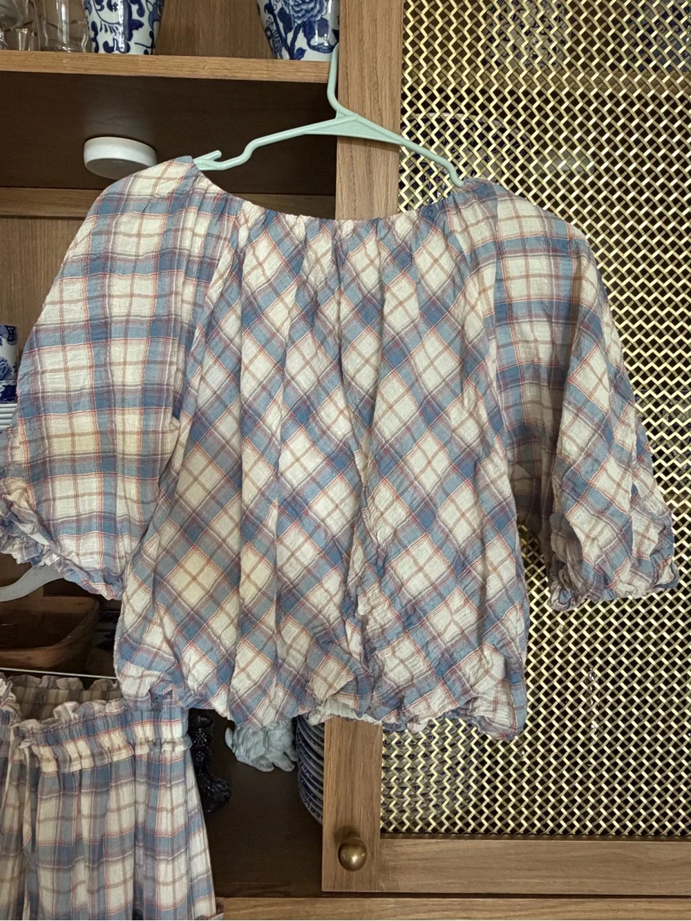 Plaid Puff-Sleeve shirt and skirt in Soft Blue and Cream